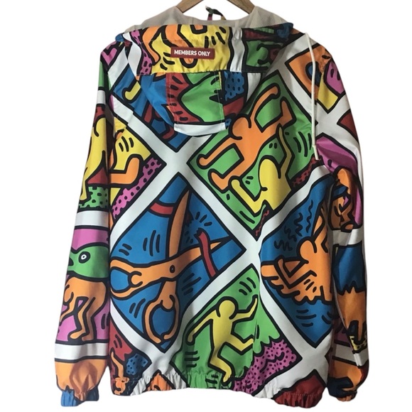 Members Only Keith Haring Jacket Pop Art Graffiti All Over Graphic People Pink - Picture 2 of 13